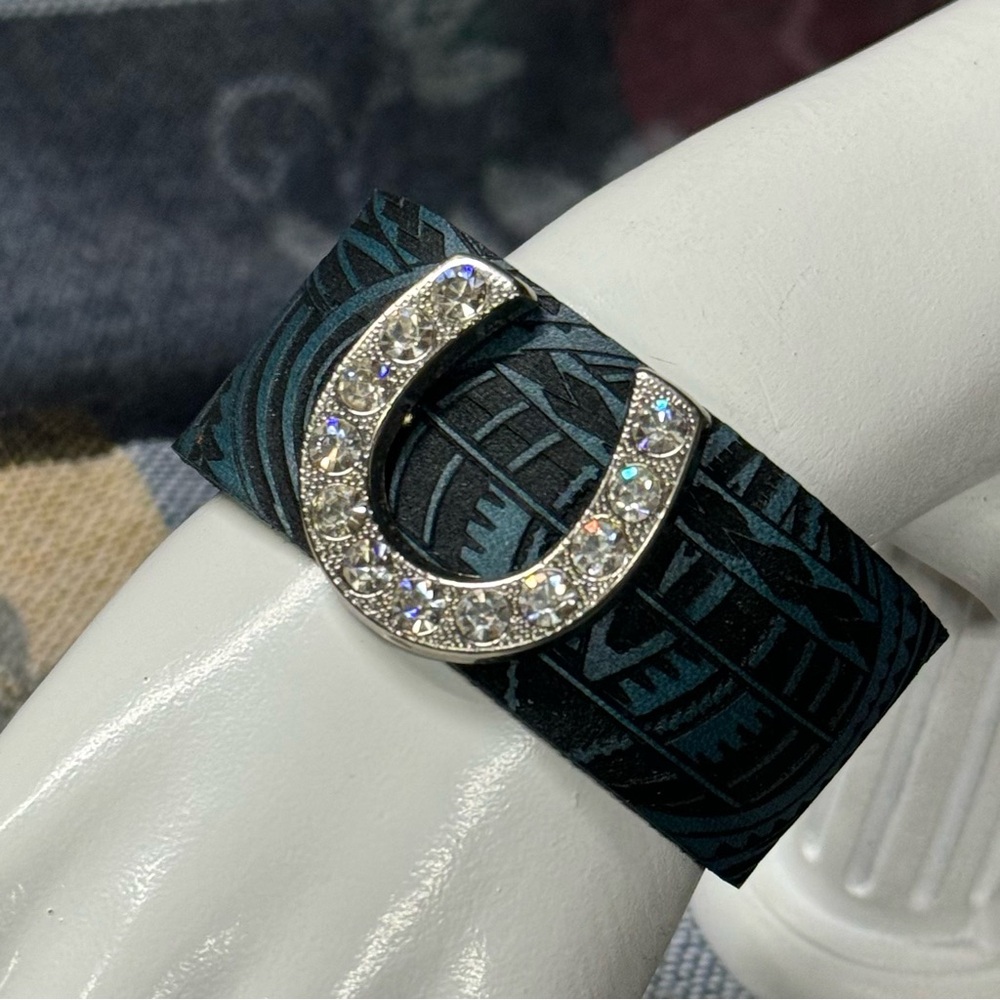 leather bracelet cuff custom lasered navy with rhinestone large horseshoe